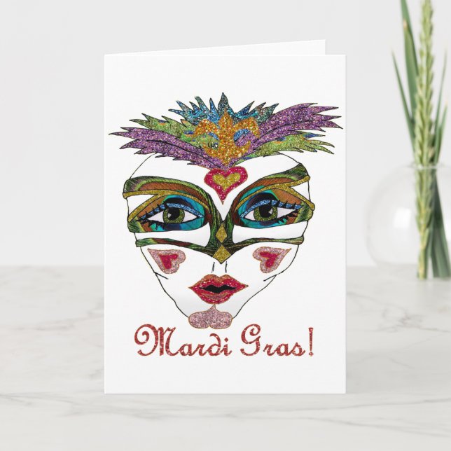 Colourful Mardi Gras Glitter Feather Mask Card (Front)