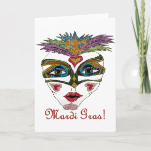 Colourful Mardi Gras Glitter Feather Mask Card