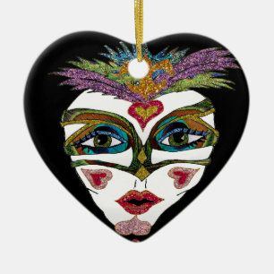 Colourful Mardi Gras Glitter Feather Mask Ceramic Tree Decoration