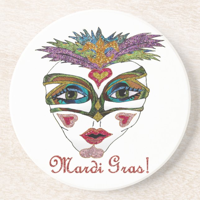 Colourful Mardi Gras Glitter Feather Mask Coaster (Front)