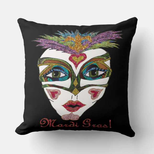 Colourful Mardi Gras Glitter Feather Mask Cushion (Front)