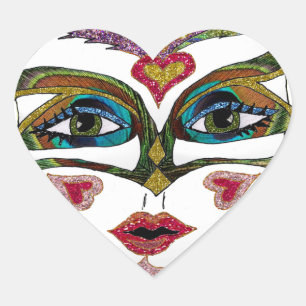 Colourful Mardi Gras Glitter Feather Mask Heart Sticker