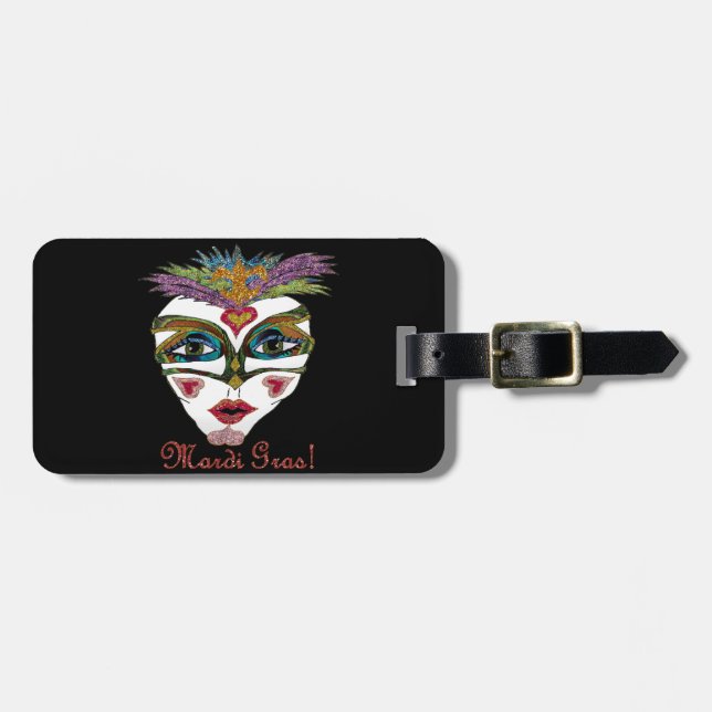 Colourful Mardi Gras Glitter Feather Mask Luggage Tag (Front Horizontal)