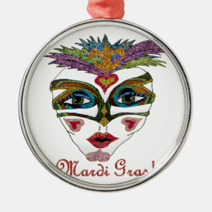 Colourful Mardi Gras Glitter Feather Mask Metal Tree Decoration