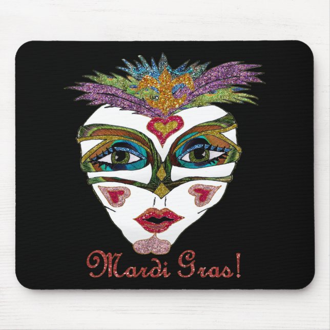 Colourful Mardi Gras Glitter Feather Mask Mouse Mat (Front)