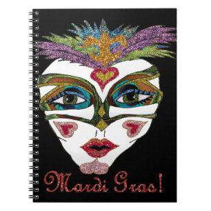 Colourful Mardi Gras Glitter Feather Mask Notebook