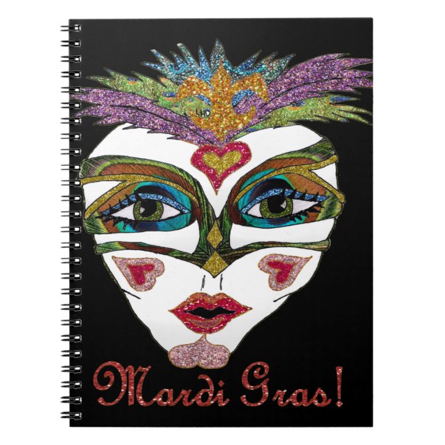 Colourful Mardi Gras Glitter Feather Mask Notebook (Front)