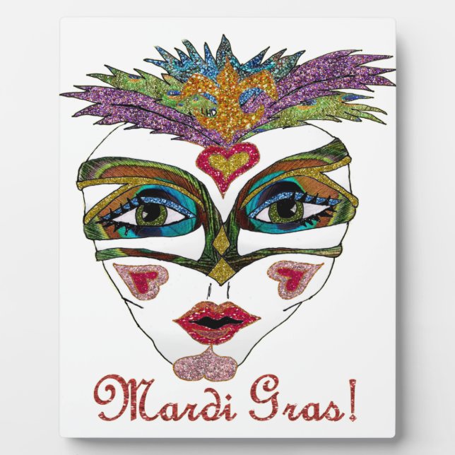 Colourful Mardi Gras Glitter Feather Mask Plaque (Front)
