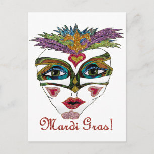 Colourful Mardi Gras Glitter Feather Mask Postcard