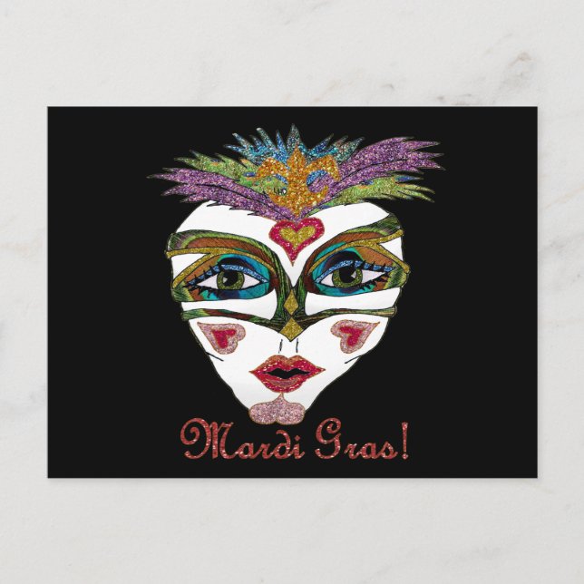 Colourful Mardi Gras Glitter Feather Mask Postcard (Front)