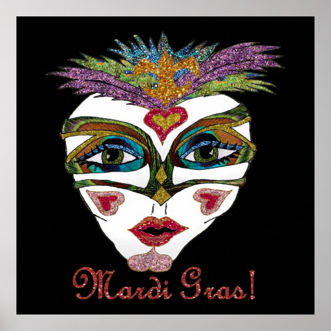 Colourful Mardi Gras Glitter Feather Mask Poster (Front)