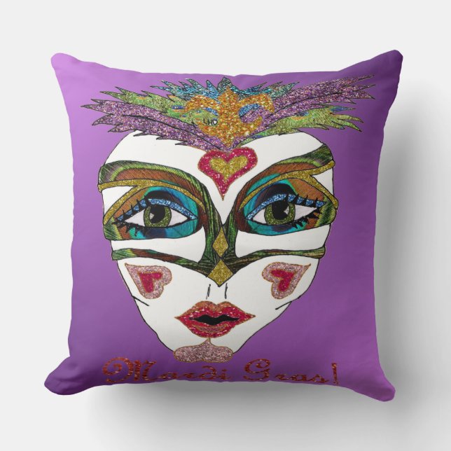 Colourful Mardi Gras Glitter Feather Mask Purple Cushion (Front)