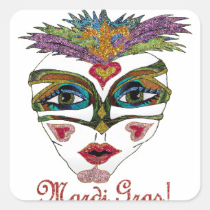 Colourful Mardi Gras Glitter Feather Mask Square Sticker