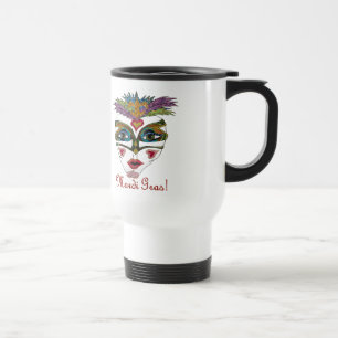 Colourful Mardi Gras Glitter Feather Mask Travel Mug