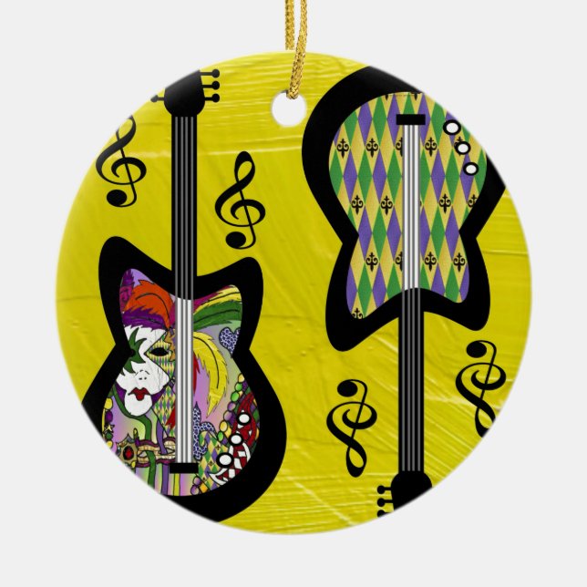 Colourful Mardi Gras Guitars Ceramic Tree Decoration (Front)