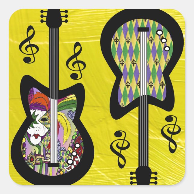 Colourful Mardi Gras Guitars Square Sticker (Front)