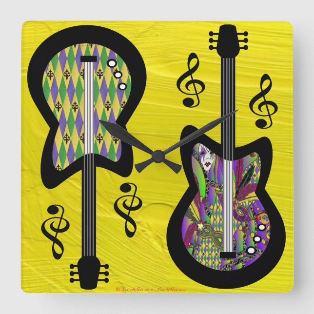 Colourful Mardi Gras Guitars Square Wall Clock (Front)