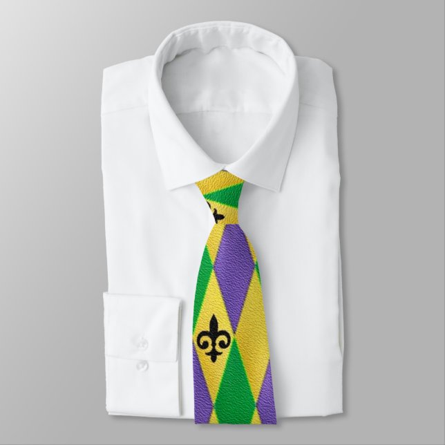 Colourful Mardi Gras Harlequin Fleur De Lis Tie (Tied)