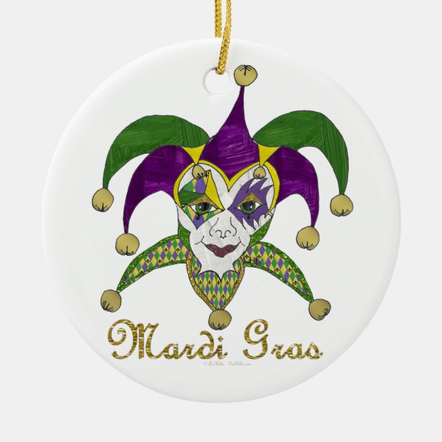 Colourful Mardi Gras Jesters Mask Ceramic Tree Decoration (Front)