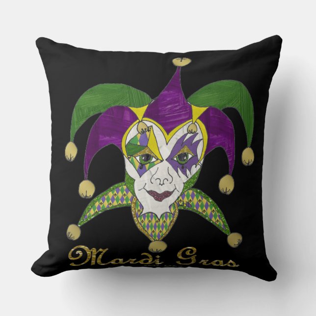 Colourful Mardi Gras Jesters Mask Cushion (Front)