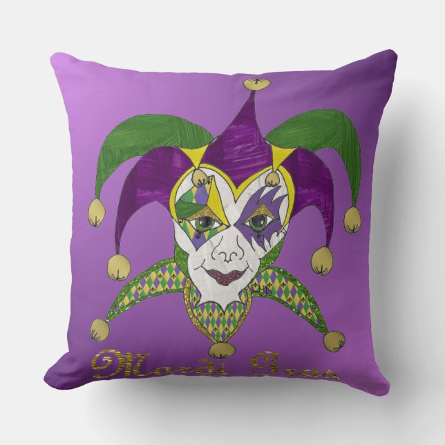 Colourful Mardi Gras Jesters Mask Purple Cushion (Front)