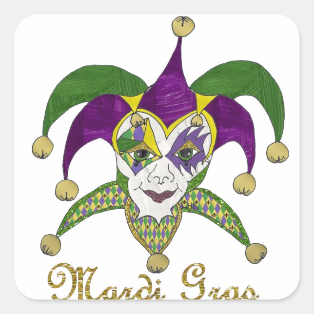 Colourful Mardi Gras Jesters Mask Square Sticker (Front)