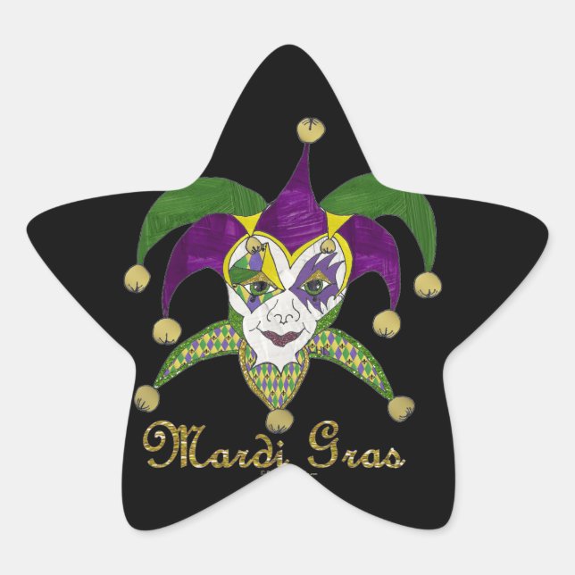 Colourful Mardi Gras Jesters Mask Star Sticker (Front)
