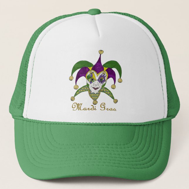 Colourful Mardi Gras Jesters Mask Trucker Hat (Front)