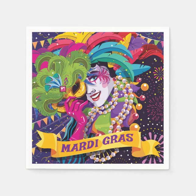 Colourful Mardi Gras Masked Poster Napkin (Front)