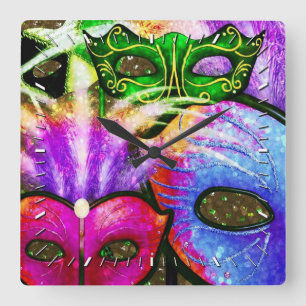 Colourful Mardi Gras Masks Wall Clock