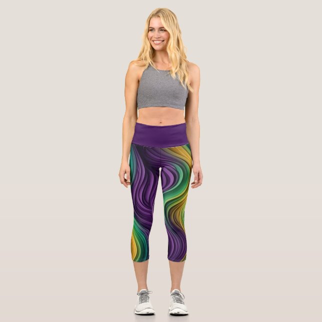 Colourful Mardi Gras wave patterned  Capri Leggings (Front)