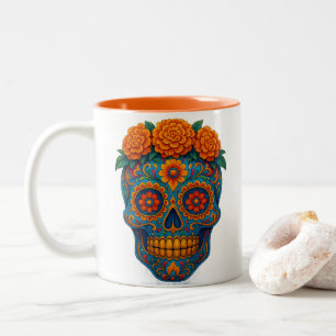 Colourful Marigold Day of the Dead Sugar Skull Two-Tone Coffee Mug