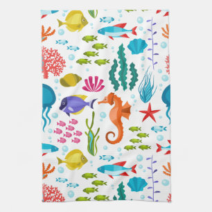 Colourful marine animals pattern tea towel