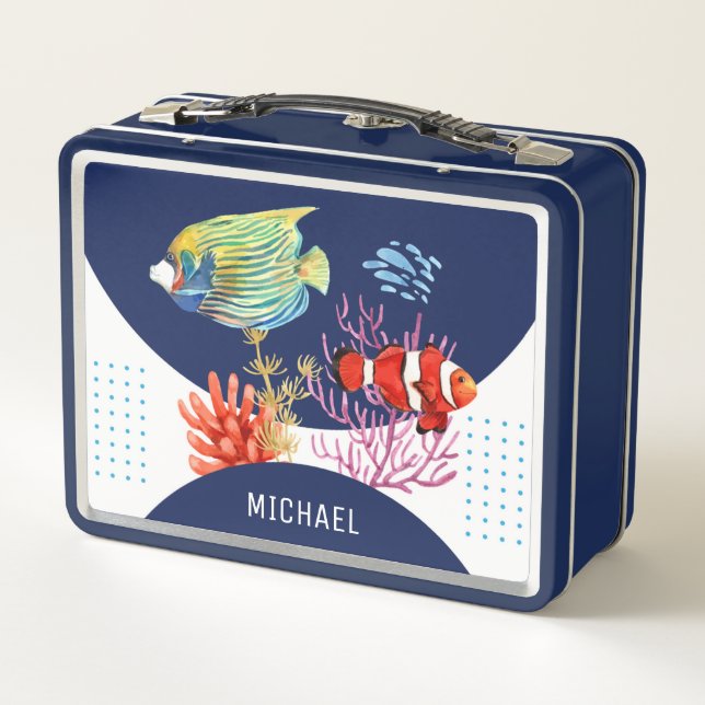 Colourful Marine Fish Sea Life Personalised Name Metal Lunch Box (Back)