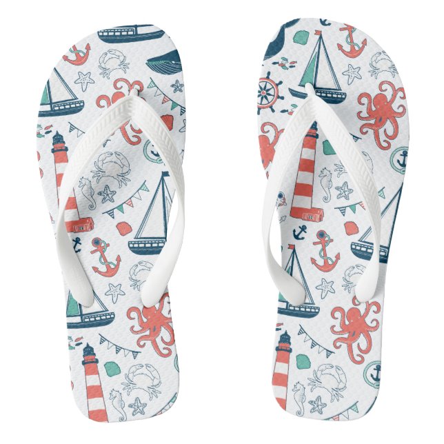 Colourful Marine Life & Nautical Symbols Pattern Flip Flops (Footbed)