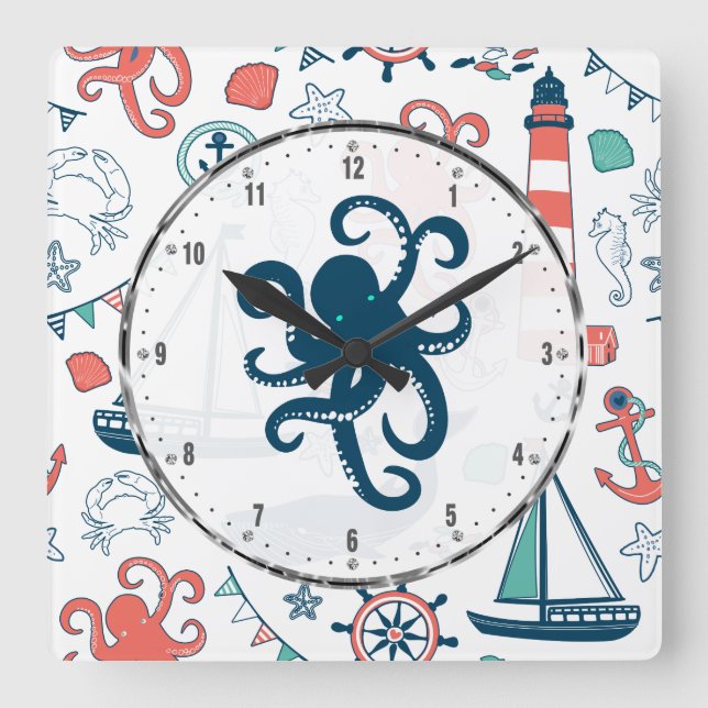 Colourful Marine Life With Cute Octopus Square Wall Clock (Front)