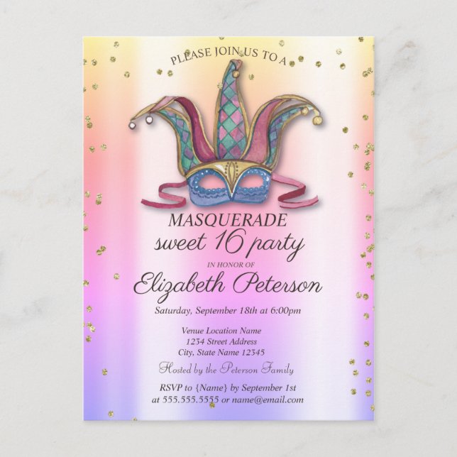 Colourful  Masque Diamonds Masquerade Sweet 16   Invitation Postcard (Front)