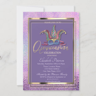 Colourful Masque Holographic Quinceañera  Invitation