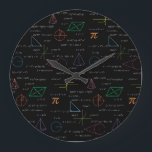 Colourful Mathematics Equations Math Formulas  Large Clock<br><div class="desc">A colourful mathematics equations and formulas pattern on a black background. An ideal design for math teachers,  mathematic enthusiasts,  scientists,  math students,  mathematics tutors,  arithmetic etc. A modern math pattern for back to school students and teachers etc.</div>