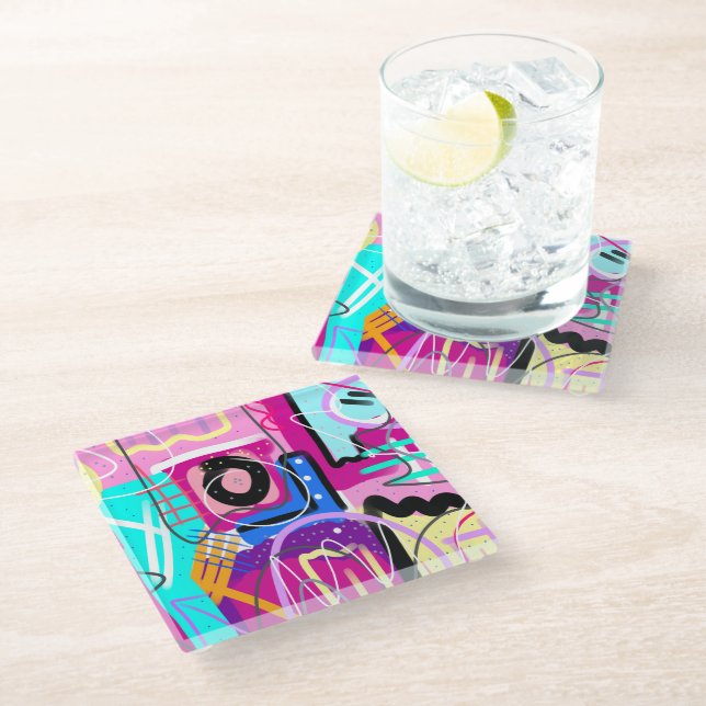 Colourful Maximalist Expressive Abstract  Glass Coaster (Angled)