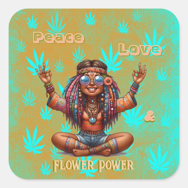 Colourful-Me Hippie Chic Flower Power Square Sticker (Front)