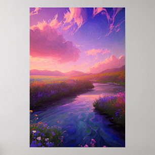Colourful Meadow by the Flowing Stream Poster
