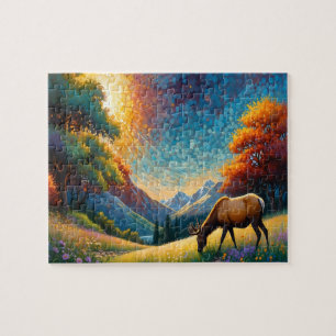 Colourful Meadow Elk with Flowers Art Jigsaw Puzzle