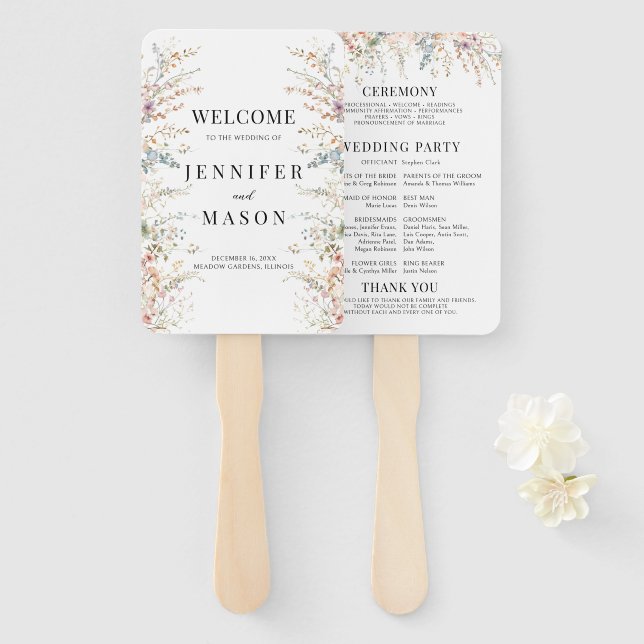 Colourful Meadow Flowers Spring Wedding Program Hand Fan (Front and Back)