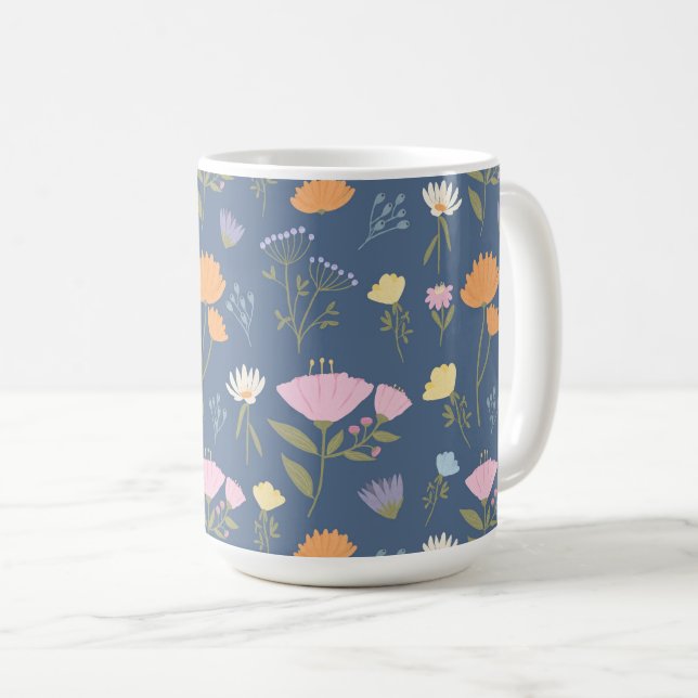 Colourful meadow on blue coffee mug (Front Right)