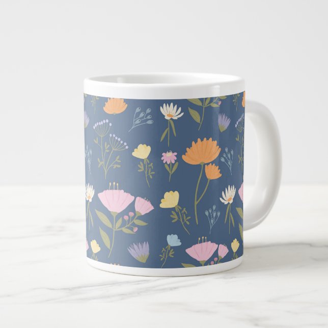 Colourful meadow on blue large coffee mug (Front Right)