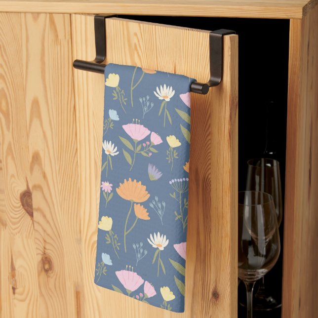 Colourful meadow on blue tea towel (Thirds Fold)