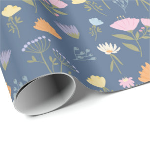 Colourful meadow on blue wrapping paper