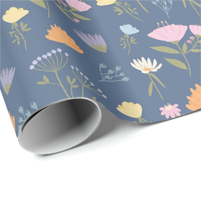 Colourful meadow on blue wrapping paper (Roll Corner)
