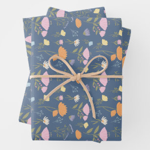 Colourful meadow on blue wrapping paper sheet